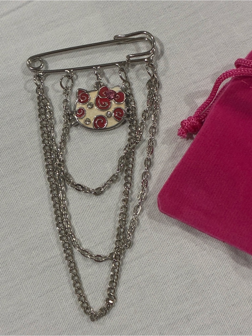 Hello Kitty Charm Safety Pin Brooch Chain Dangle